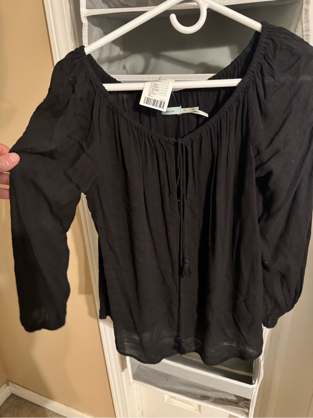 UO Black Peasant Blouse with Tie Neck - Unbranded